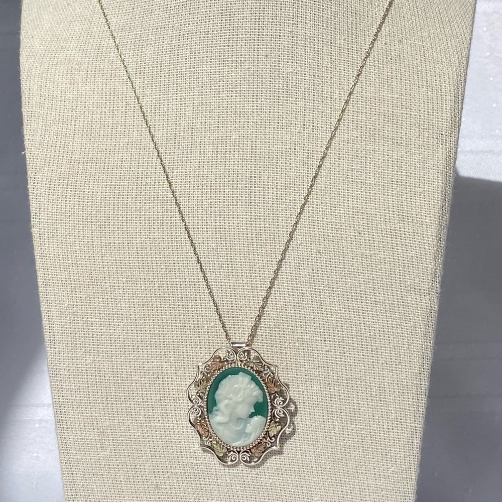 Vintage Sterling Silver & 12k Gold Cameo Brooch Convertible Pendant Necklace